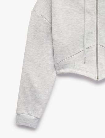 Şardonlu Uzun Kollu Kapüşonlu Korse Detaylı Fermuarlı Crop Sweatshirt