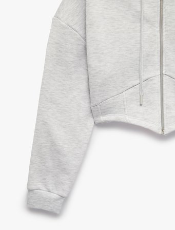Şardonlu Uzun Kollu Kapüşonlu Korse Detaylı Fermuarlı Crop Sweatshirt