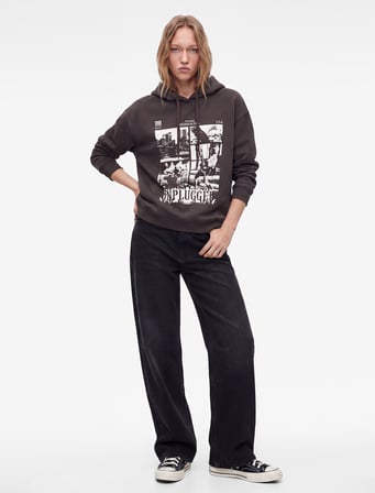 Şardonlu Rahat Kalıp Baskılı Uzun Kollu Kapüşonlu Sweatshirt