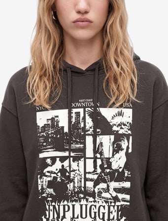 Şardonlu Rahat Kalıp Baskılı Uzun Kollu Kapüşonlu Sweatshirt