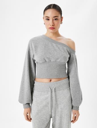 Slim Fit Asimetrik Yaka Korse Detaylı Uzun Kollu Crop Sweatshirt