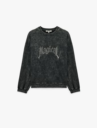 Rahat Kalıp Yıkama Efektli Uzun Kollu Bisiklet Yaka Taşlı Sweatshirt