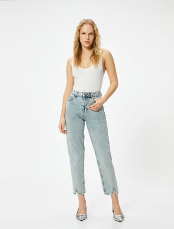 Yüksek Bel İspanyol Paça Düğmeli Slim Fit Cepli Kot Pantolon - Flare Jeans