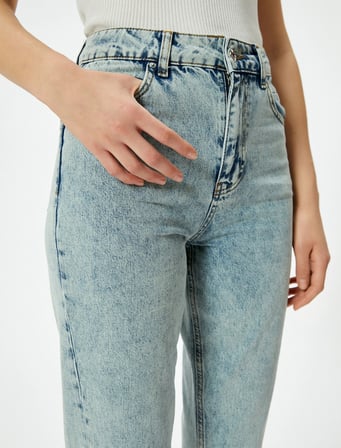 Yüksek Bel İspanyol Paça Düğmeli Slim Fit Cepli Kot Pantolon - Flare Jeans