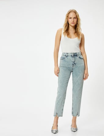 Yüksek Bel İspanyol Paça Düğmeli Slim Fit Cepli Kot Pantolon - Flare Jeans