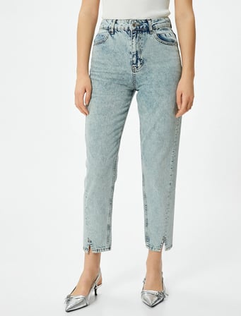 Yüksek Bel İspanyol Paça Düğmeli Slim Fit Cepli Kot Pantolon - Flare Jeans