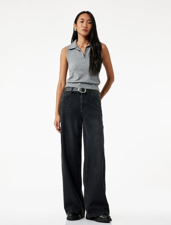 Pamuklu Cepli Düğmeli Düşük Bel Düz Bol Kalıp Denim Pantolon - Loose Straight Fit Jean