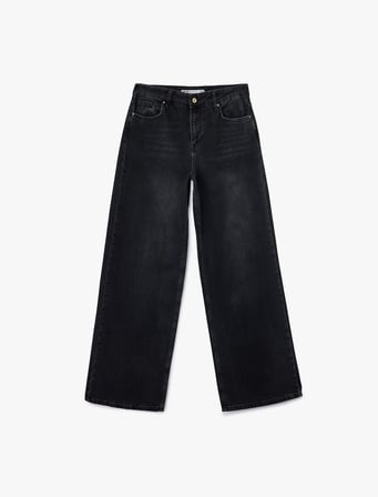 Pamuklu Cepli Düğmeli Düşük Bel Düz Bol Kalıp Denim Pantolon - Loose Straight Fit Jean