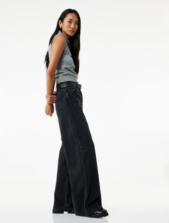Pamuklu Cepli Düğmeli Düşük Bel Düz Bol Kalıp Denim Pantolon - Loose Straight Fit Jean