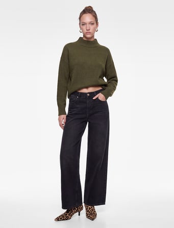 Pamuklu Cepli Düğmeli Düşük Bel Düz Bol Kalıp Denim Pantolon - Loose Straight Fit Jean
