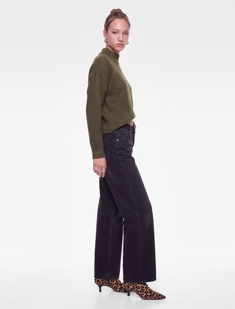 Pamuklu Cepli Düğmeli Düşük Bel Düz Bol Kalıp Denim Pantolon - Loose Straight Fit Jean