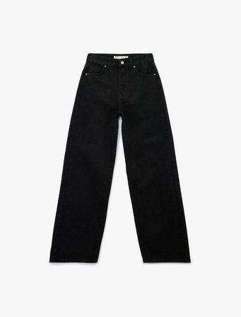 Pamuklu Cepli Düğmeli Yüksek Bel Geniş Paça Denim Pantolon - Wide Leg Jeans