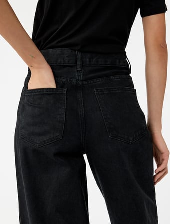 Pamuklu Cepli Düğmeli Yüksek Bel Geniş Paça Denim Pantolon - Wide Leg Jeans