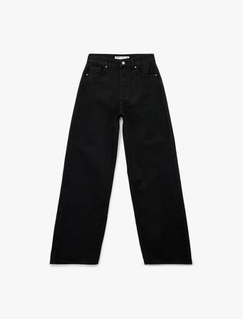 Pamuklu Cepli Düğmeli Yüksek Bel Geniş Paça Denim Pantolon - Wide Leg Jeans