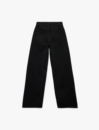 Pamuklu Cepli Düğmeli Yüksek Bel Geniş Paça Denim Pantolon - Wide Leg Jeans