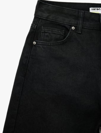 Pamuklu Cepli Düğmeli Yüksek Bel Geniş Paça Denim Pantolon - Wide Leg Jeans