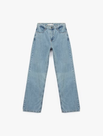 Pamuklu Düğmeli Düz Paça Taş Detaylı Jean Pantolon - Straight Fit Jean