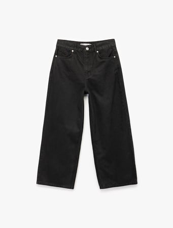 Yüksek Bel Cepli Düğmeli Kısa Geniş Paça Jean Pantolon