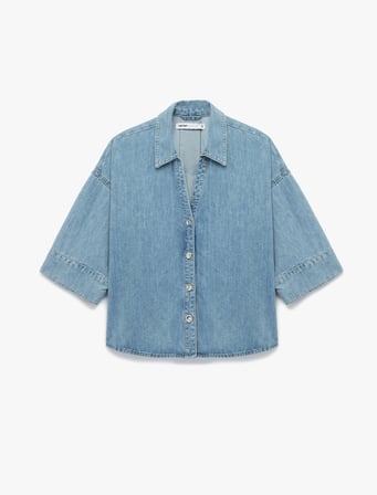 Oversize V Yaka Pamuklu Yarım Kollu Jean Gömlek