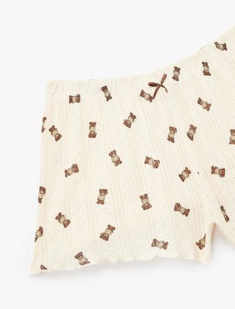 Fiyonklu Ayıcık Desenli Rahat Kalıp Mini Pamuklu Şort Pijama Altı