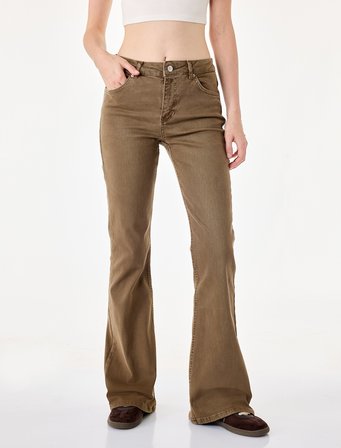 Pamuklu Dar Kesim Yüksek Bel Cepli Düğmeli İspanyol Paça Pantolon - Flare Jeans