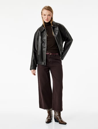 Pamuklu Geniş Paça Kemerli Crop Pantolon - Wide Leg Jeans