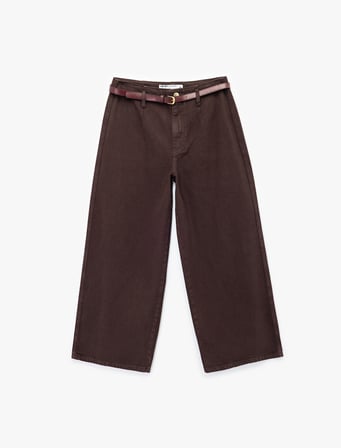 Pamuklu Geniş Paça Kemerli Crop Pantolon - Wide Leg Jeans