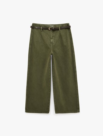 Pamuklu Cepli Düğmeli Kemer Detaylı Kısa Geniş Paça Pantolon - Crop Wide Leg Jeans