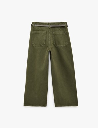 Pamuklu Cepli Düğmeli Kemer Detaylı Kısa Geniş Paça Pantolon - Crop Wide Leg Jeans
