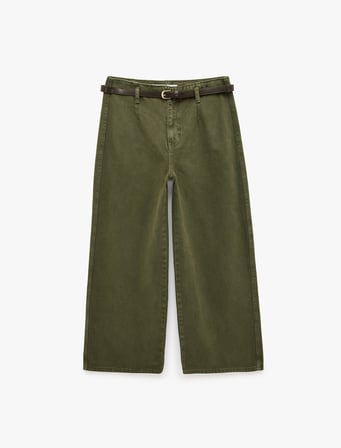 Pamuklu Cepli Düğmeli Kemer Detaylı Kısa Geniş Paça Pantolon - Crop Wide Leg Jeans