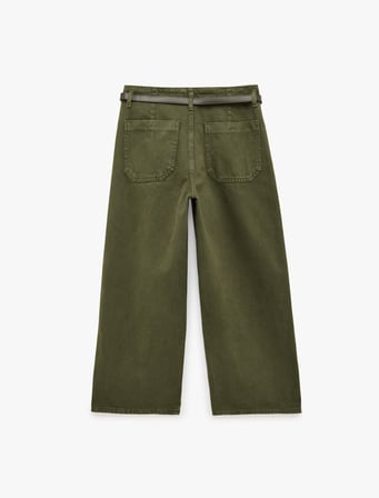 Pamuklu Cepli Düğmeli Kemer Detaylı Kısa Geniş Paça Pantolon - Crop Wide Leg Jeans