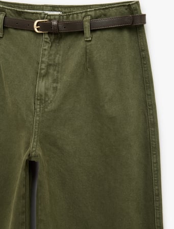 Pamuklu Cepli Düğmeli Kemer Detaylı Kısa Geniş Paça Pantolon - Crop Wide Leg Jeans