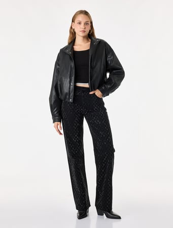 Taş Detaylı Cepli Normal Bel Pamuklu Düz Paça Denim Pantolon - Straight Fit Jean
