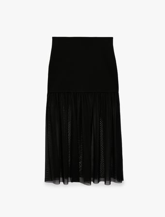Krep Scuba Kumaş Slim Fit Transparan Tül Detaylı Midi Etek