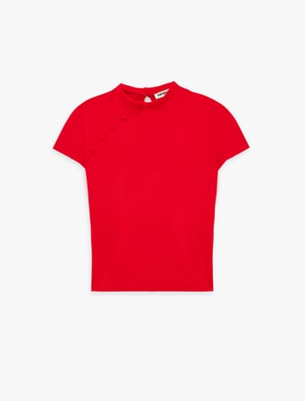 Krep Scuba Kumaş Slim Fit Kısa Kollu Düğmeli Dik Qipao Yaka Tişört