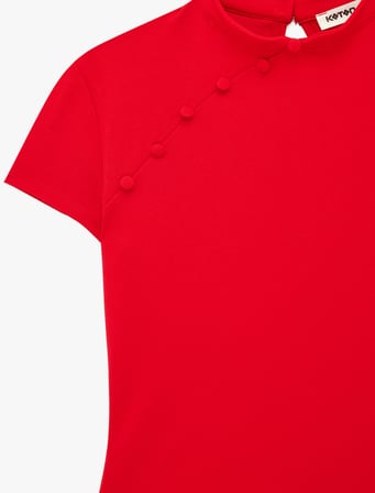 Krep Scuba Kumaş Slim Fit Kısa Kollu Düğmeli Dik Qipao Yaka Tişört