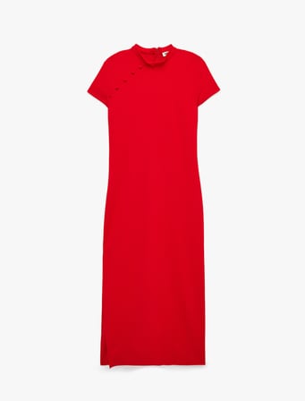 Slim Fit Kısa Kollu Yırtmaçlı Dik Yaka Qipao Yaka Midi Elbise