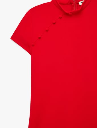 Slim Fit Kısa Kollu Yırtmaçlı Dik Yaka Qipao Yaka Midi Elbise