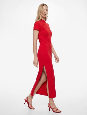 Slim Fit Kısa Kollu Yırtmaçlı Dik Yaka Qipao Yaka Midi Elbise