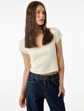 Slim Fit Kısa Kollu Dantel Detaylı Bürümcük Kare Yaka Tişört
