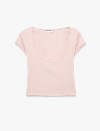 Slim Fit Kısa Kollu Dantel Detaylı Bürümcük Kare Yaka Tişört