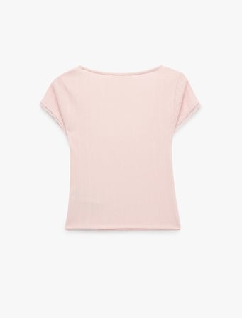 Slim Fit Kısa Kollu Dantel Detaylı Bürümcük Kare Yaka Tişört