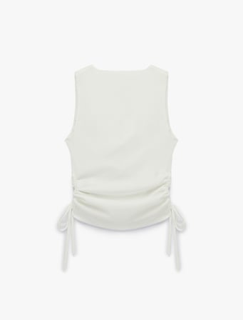 Slim Fit Kolsuz Bürümcük Bağlama Detaylı Degaje Yaka Büzgülü Bluz