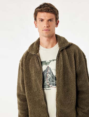 Regular Fit Fermuarlı Cepli Dik Yaka Uzun Kollu Peluş Ceket
