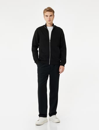 Üç İplik Şardonlu Regular Fit Uzun Kollu Fermuarlı Yaka Cepli Sweatshirt