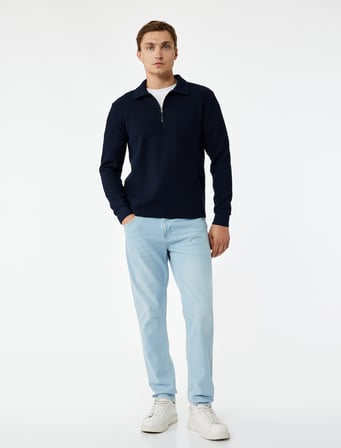 Uzun Kollu Yarım Fermuarlı Polo Yaka Sweatshirt