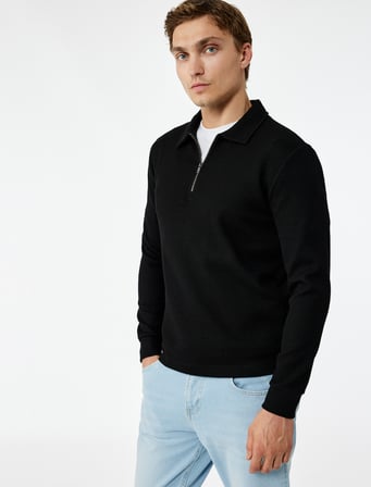 Uzun Kollu Yarım Fermuarlı Polo Yaka Sweatshirt