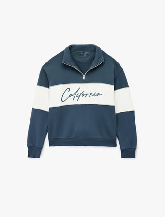 Üç İplik Şardonlu Renk Bloklu Rahat Kalıp Yarım Fermuarlı Yaka Baskılı Sweatshirt