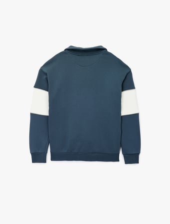 Üç İplik Şardonlu Renk Bloklu Rahat Kalıp Yarım Fermuarlı Yaka Baskılı Sweatshirt