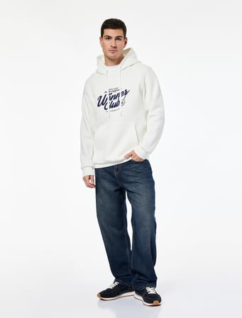 Regular Fit Uzun Kollu Kanguru Şardonlu Cepli Kapşonlu Baskılı Sweatshirt
